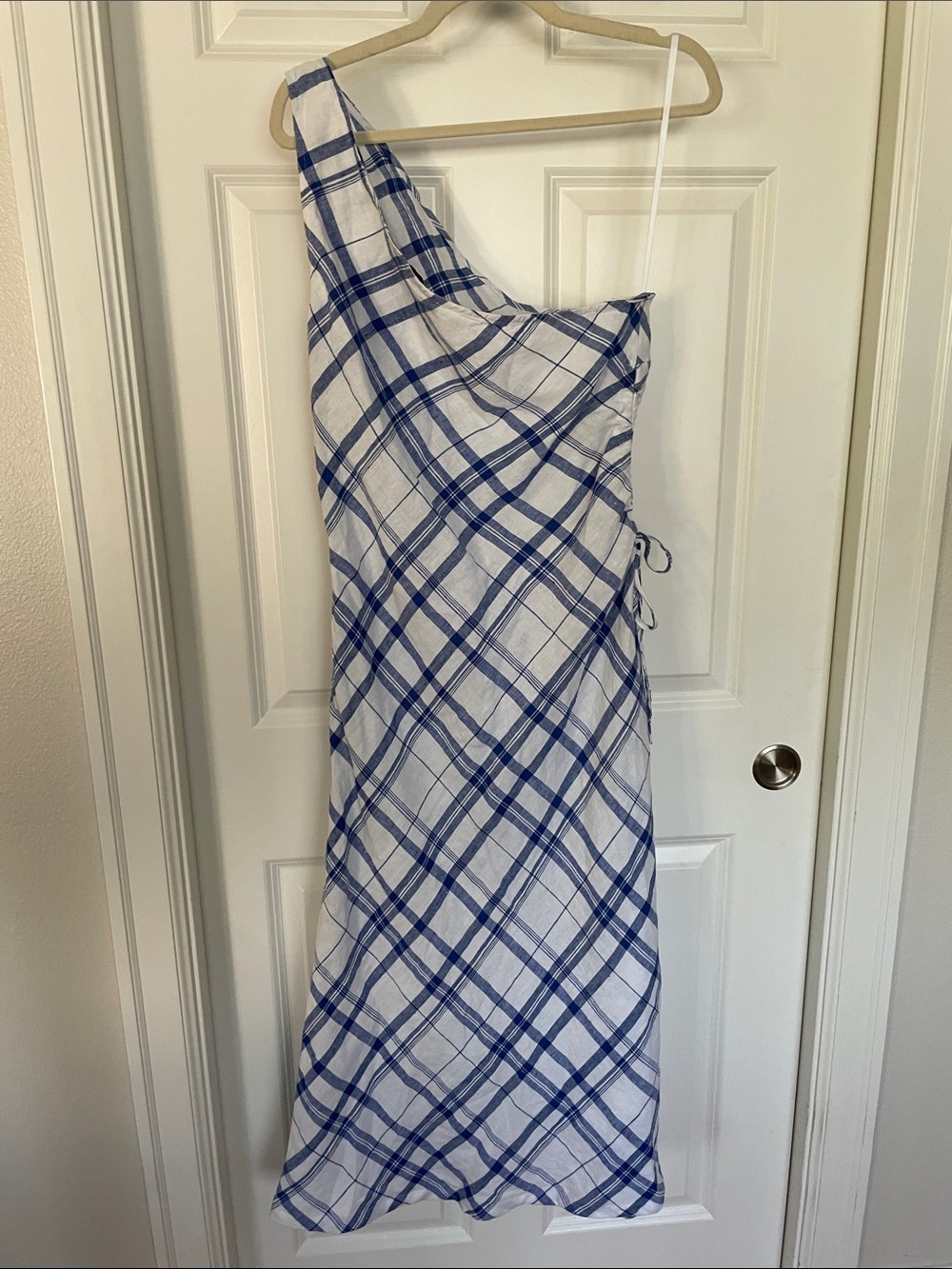 Madewell Ruched One-Shoulder Midi Dress Size 12 Blue White Plaid Linen - Picture 7 of 12